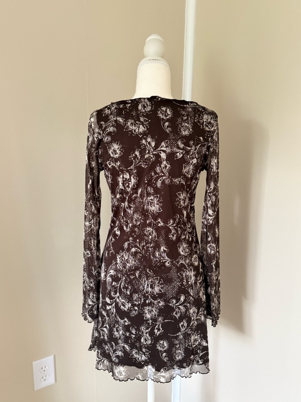 Brown and White Floral Mesh Mini Dress - Picture 3 of 10